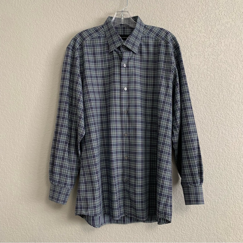 Ermenegildo Zegna Shirt Mens XL  Plaid Button Up Preppy Classic Green Blue
